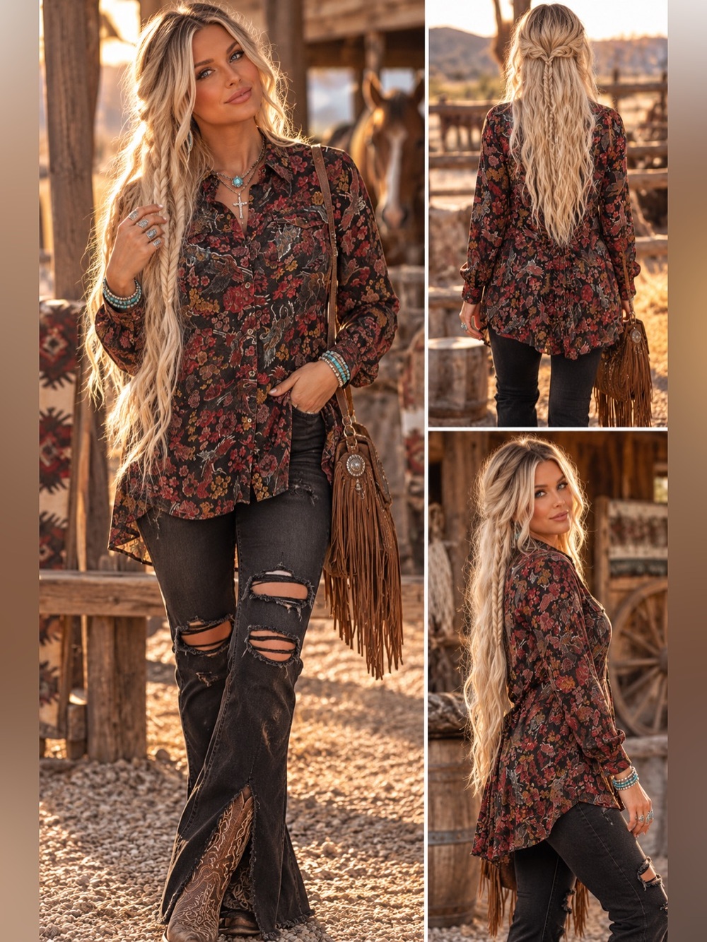 Lola P. Long Sleeve Lace Up Back High Low Floral Top